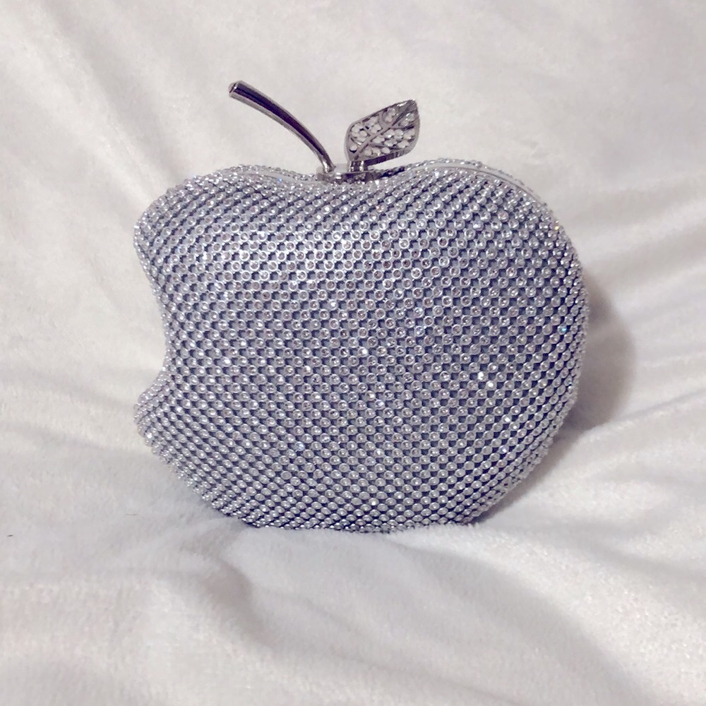 COPY - Silver Bitten Apple Crystal Clutch with detachable chain